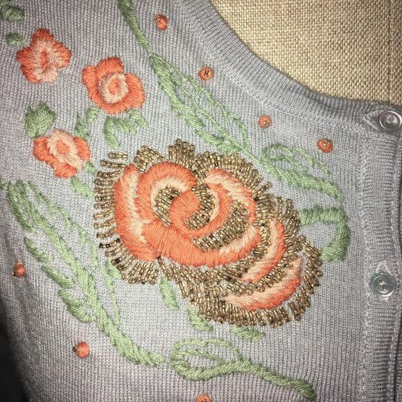 Moth Pink Bead & Embroidered Flower Detailed 100% Wool Blue Cardigan Sweater M - Picture 5 of 7